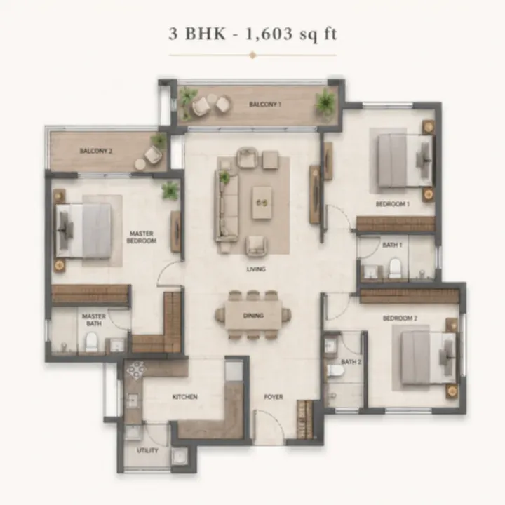 Indicative 3 BHK + 2T floor plan, about 1,600 sq ft